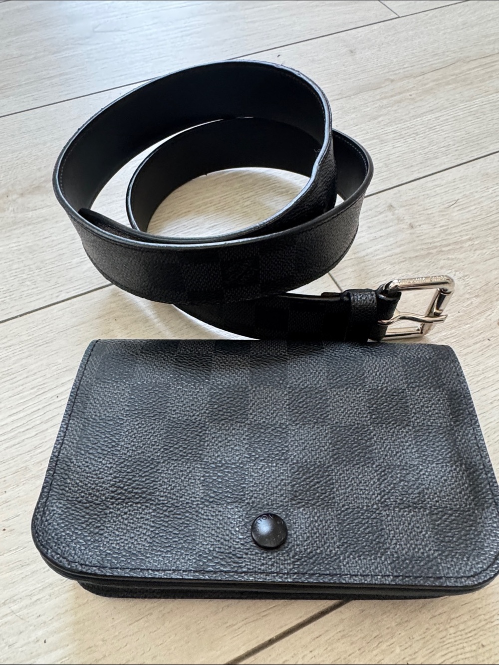 Louis Vuitton Black Damier Graphite Belt Bag and Matching Belt